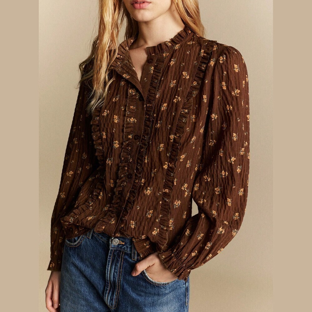 Brown Floral Ruffle Trim Textured Long Sleeve Button Front Blouse